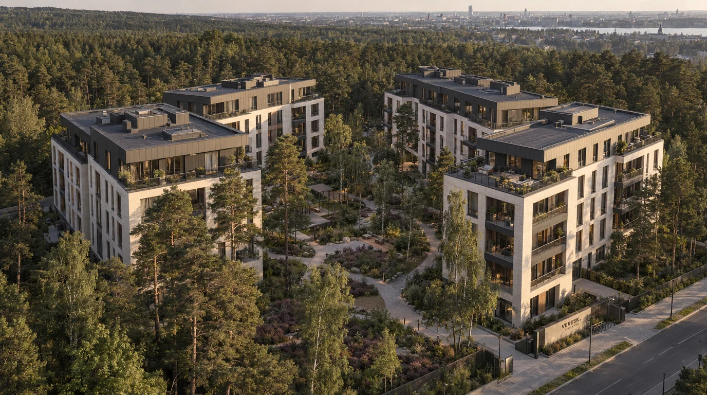 Дрон отлетает от квартала VERESK и раскрывает панораму: корпуса, двор и сосновый бор до горизонта